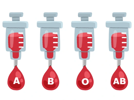 Multiple syringes with different blood types.