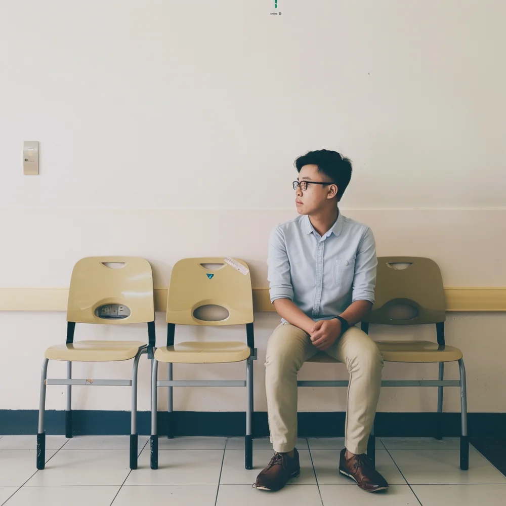 Asian man waiting in a clinic for routine STD testing in Singapore.