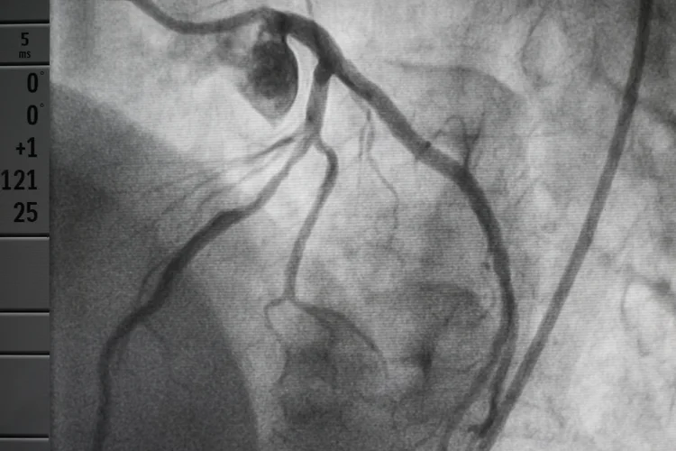 CT coronary angiogram image showing coronary arteries reviewed by radiologist and cardiologist.