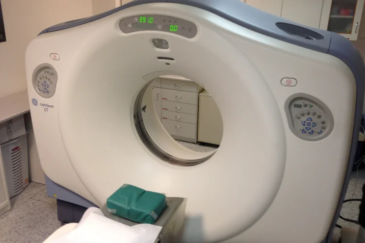 CT scanner machine used for non-invasive CT coronary angiogram imaging of the heart and arteries.