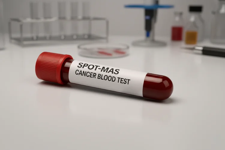 Close-up of a labelled test tube for SPOT-MAS cancer blood test in a clinical laboratory setting.