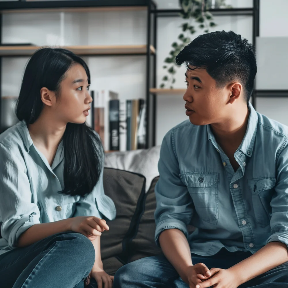Young Asian couple having an open dialogue about sexual health and boundaries.