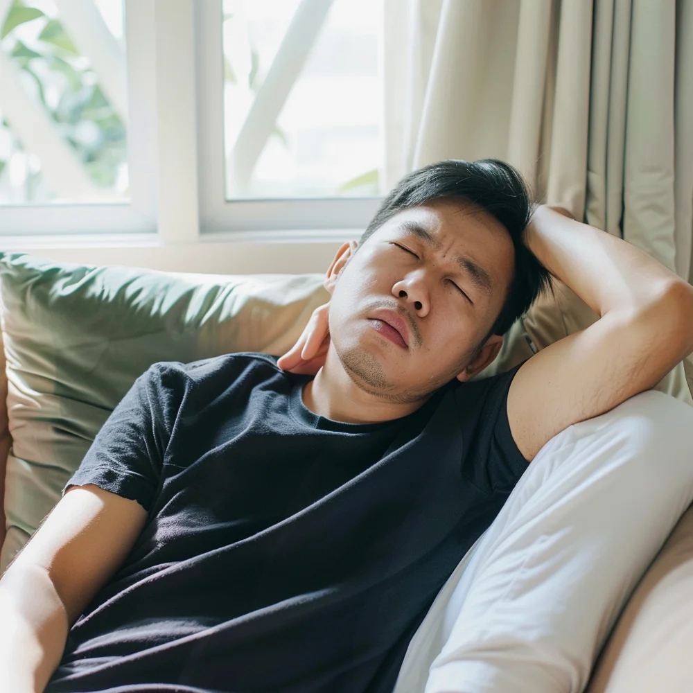 Young Asian man showing symptoms of herpes infection, such as fever and muscle aches.